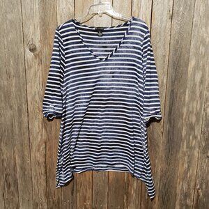 New Directions 1X Tunic Top Blue White Striped V Neck Casual Coastal Comfy Boho